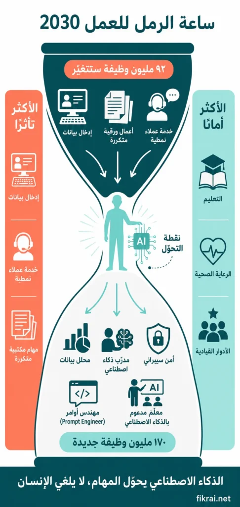 إنفوجرافيك معادلة الوظائف 2030 — 92 مليون وظيفة تتغيّر مقابل 170 مليون وظيفة جديدة بسبب الذكاء الاصطناعي